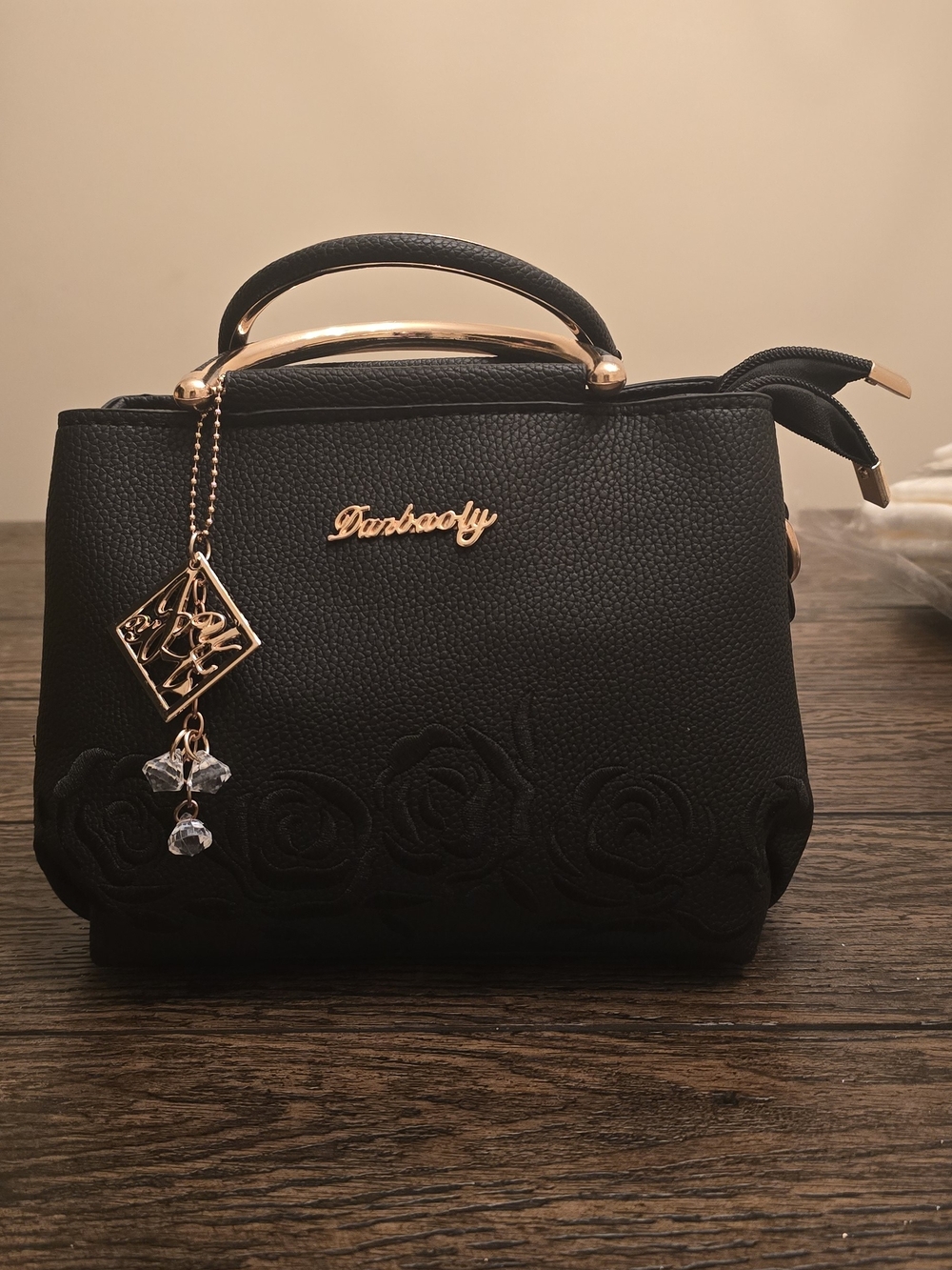 Black Top-Handle Satchel with Floral Embroidery